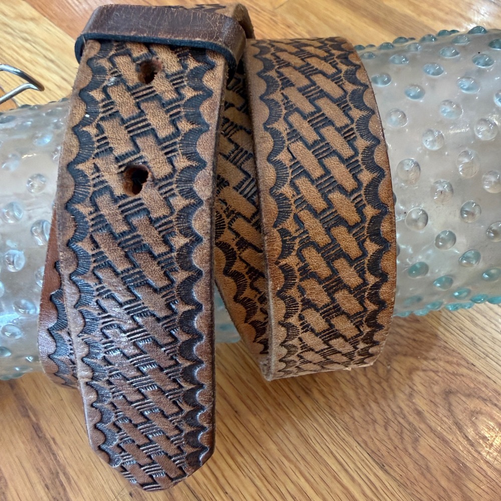 Lonesome Charlie's Brown Basketweave Tooled Leather Belt Strap Snap On No Buckle